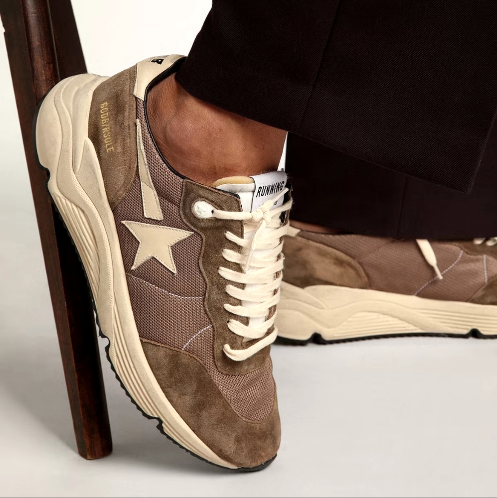Golden Goose Running Sole Sneakers in Olive-Green Mesh and Leather - Picture 3 of 12